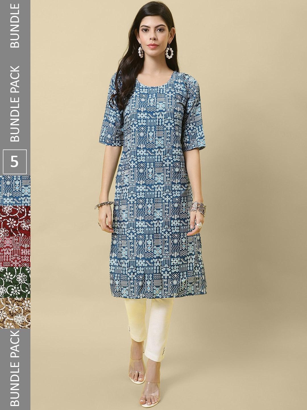 

7Threads Pack Of 5 Printed Round Neck Regular Kurtas, Blue
