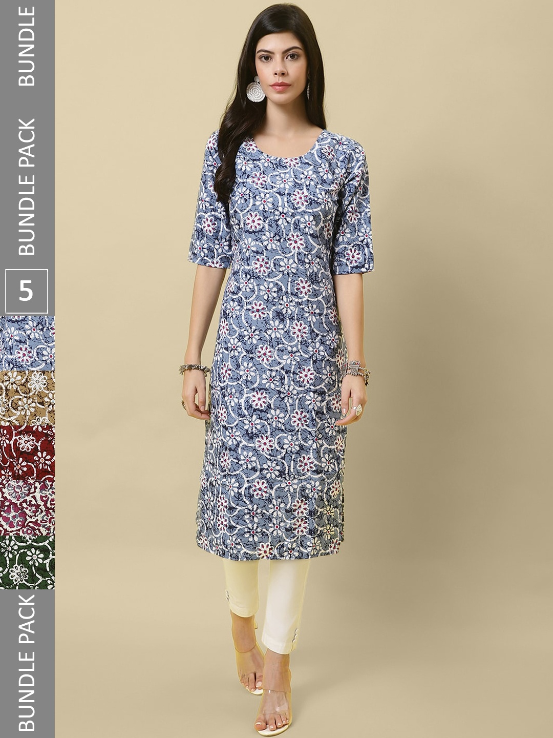 

7Threads Pack Of 5 Printed Round Neck Regular Kurtas, Blue