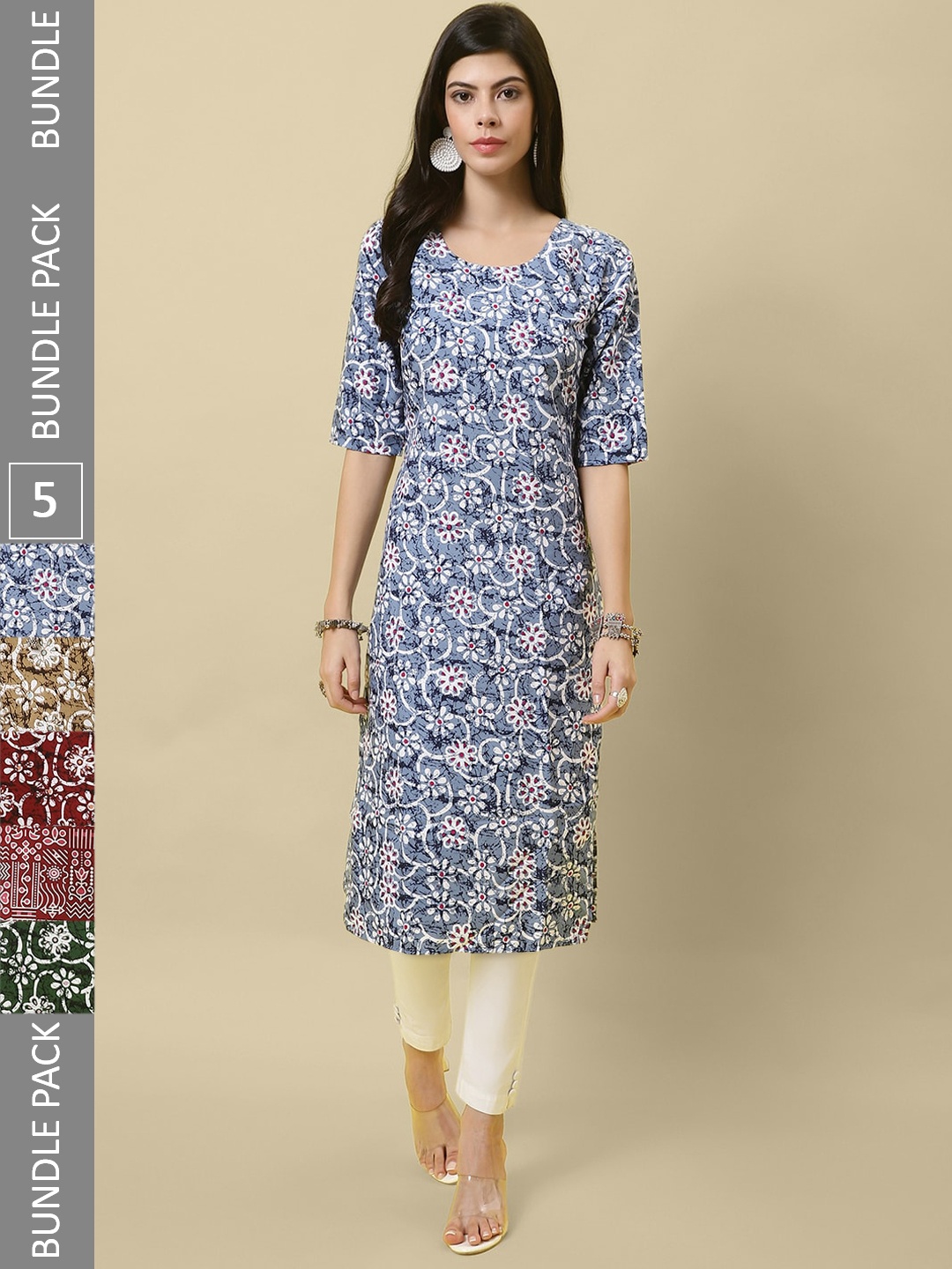 

7Threads Pack Of 5 Printed Round Neck Regular Kurtas, Blue