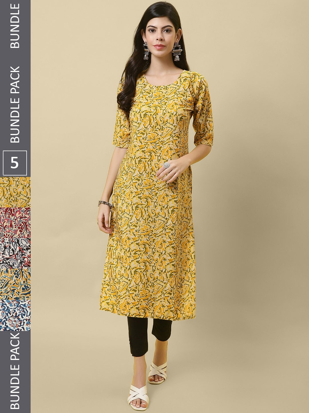 

7Threads Pack Of 5 Printed Crepe Straight Kurta, Yellow