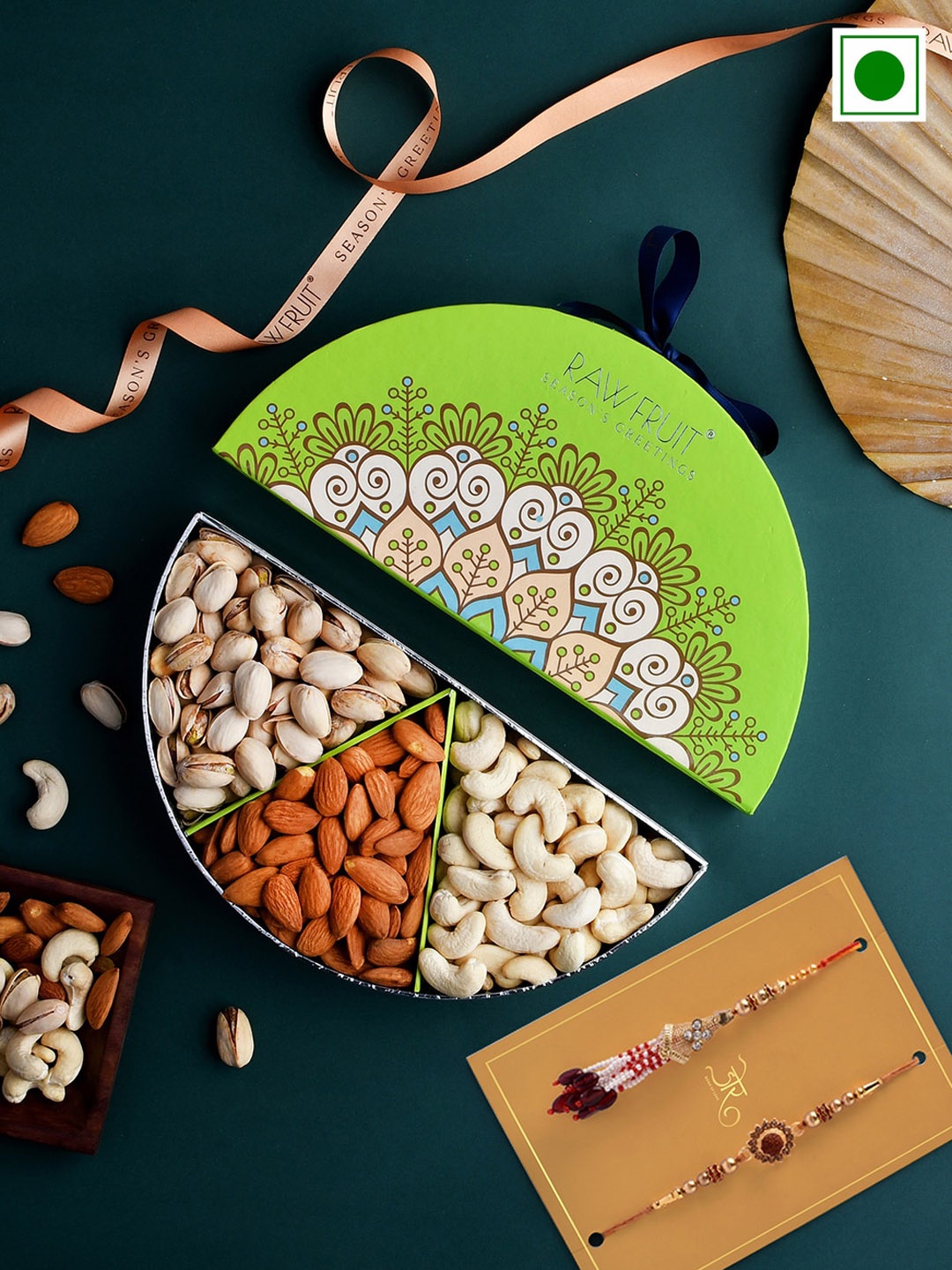 

RawFruit Set of 3 Pearl beaded Bhai Bhabhi Rakhi & Dryfruit Gift Set 100 gms Each, Gold