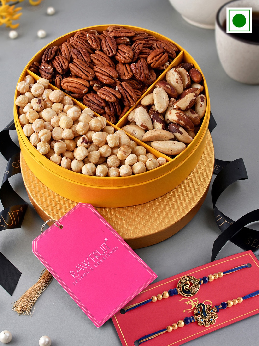 

RawFruit Set Of 2 Beaded Rakhi With Dry Fruits Gift Set - 550gms, Blue