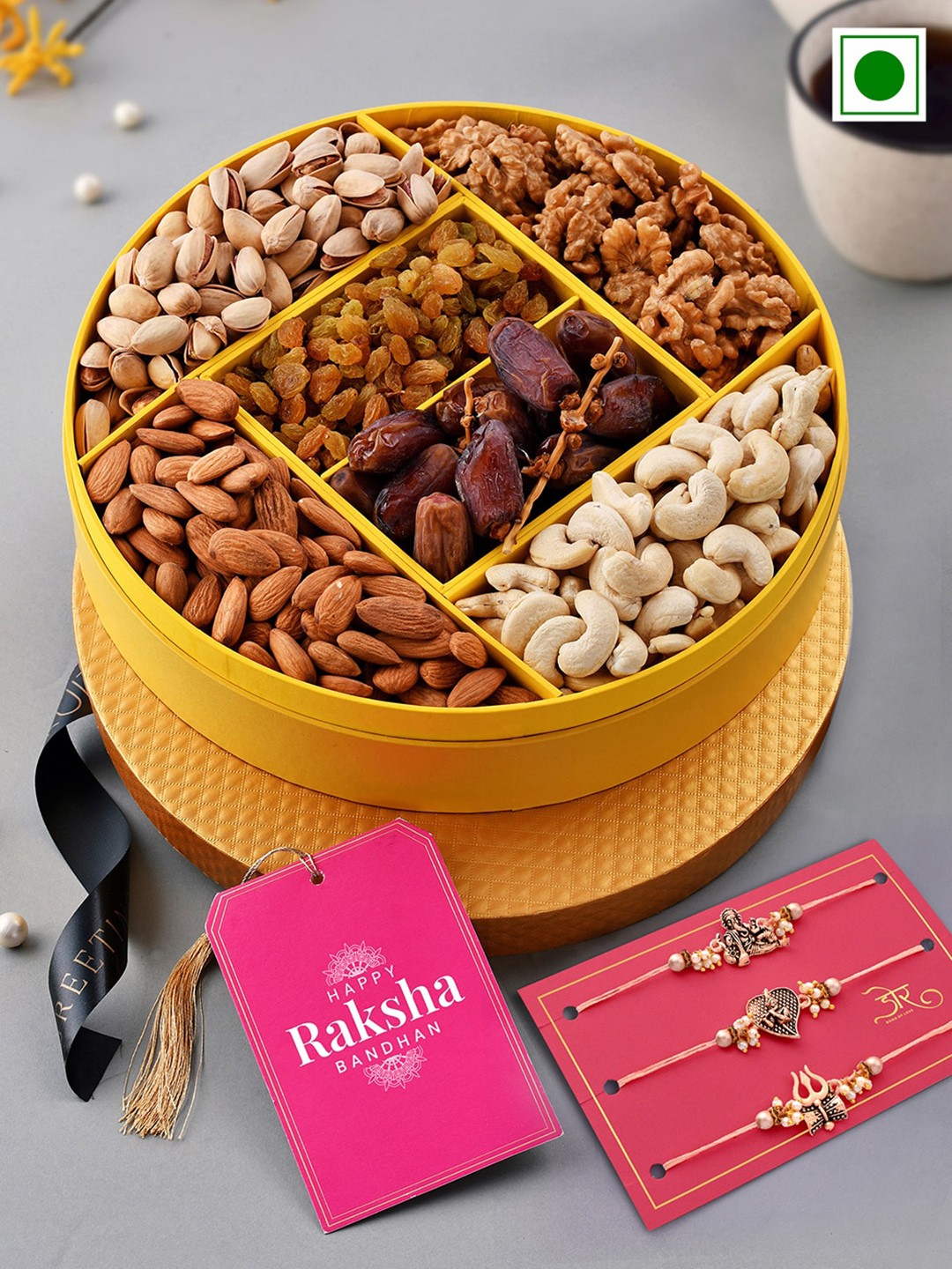 

RawFruit Set Of 3 Beaded Rakhi With Dry Fruits Gift Set - 750gms, Beige