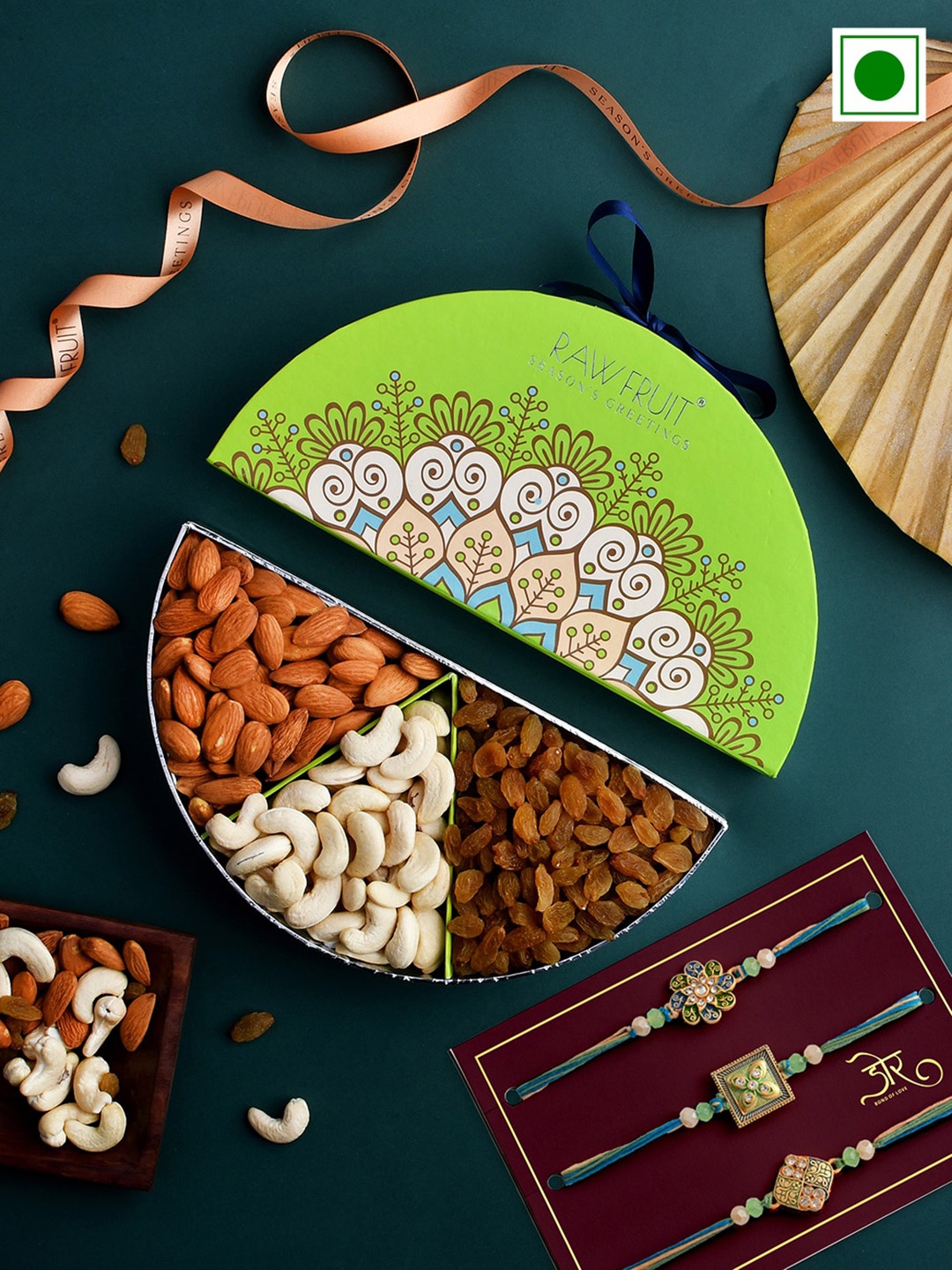 

RawFruit Set Of 4 Stone Studded Rakhis With Roli Chawal & Dryfruit Gift Set 100 gms Each, Green