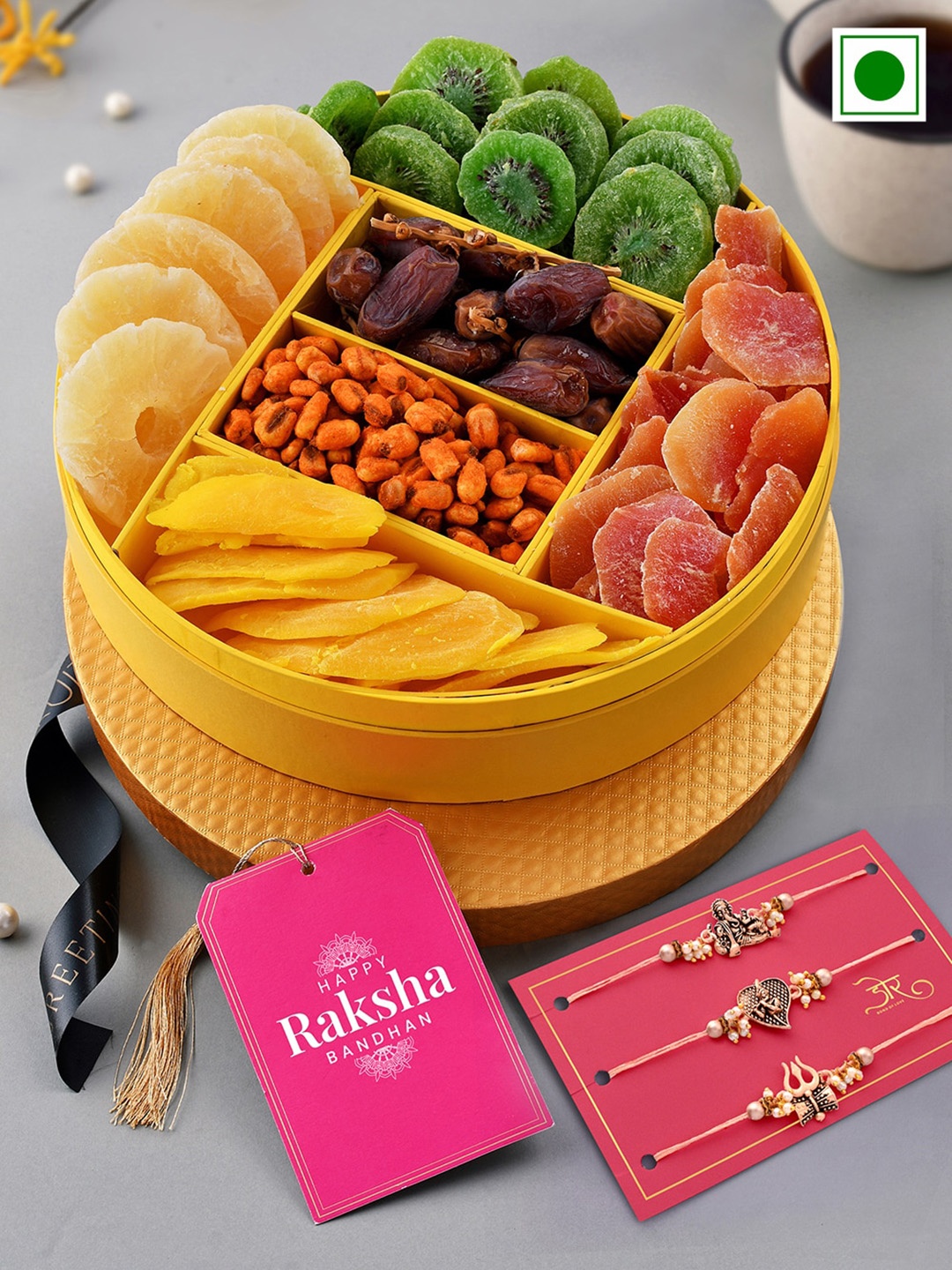 

RawFruit Set Of 3 Beaded Rakhi With Dry Fruits Gift Set - 910gms, Beige
