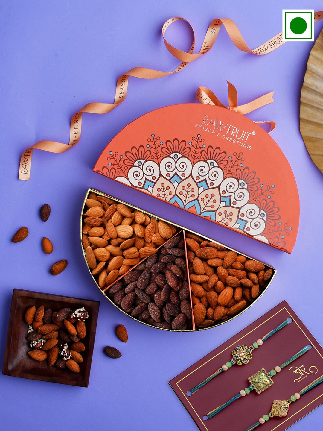 

RawFruit Set Of 3 Rakhis With Roli Chawal & Savory Nut Gift Set 100 gms Each, Gold