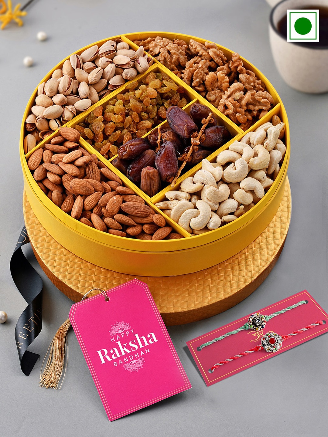 

RawFruit Gourmet Dryfruit Box & Set Of 2 Rakhi Gift Pack, Yellow