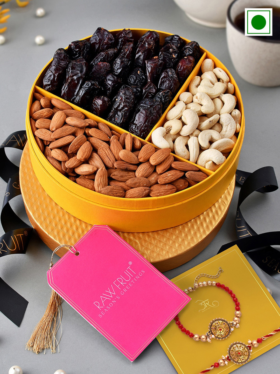 

RawFruit Set Of 2 Beaded Rakhi With Dry Fruits Gift Set-600gms, Red