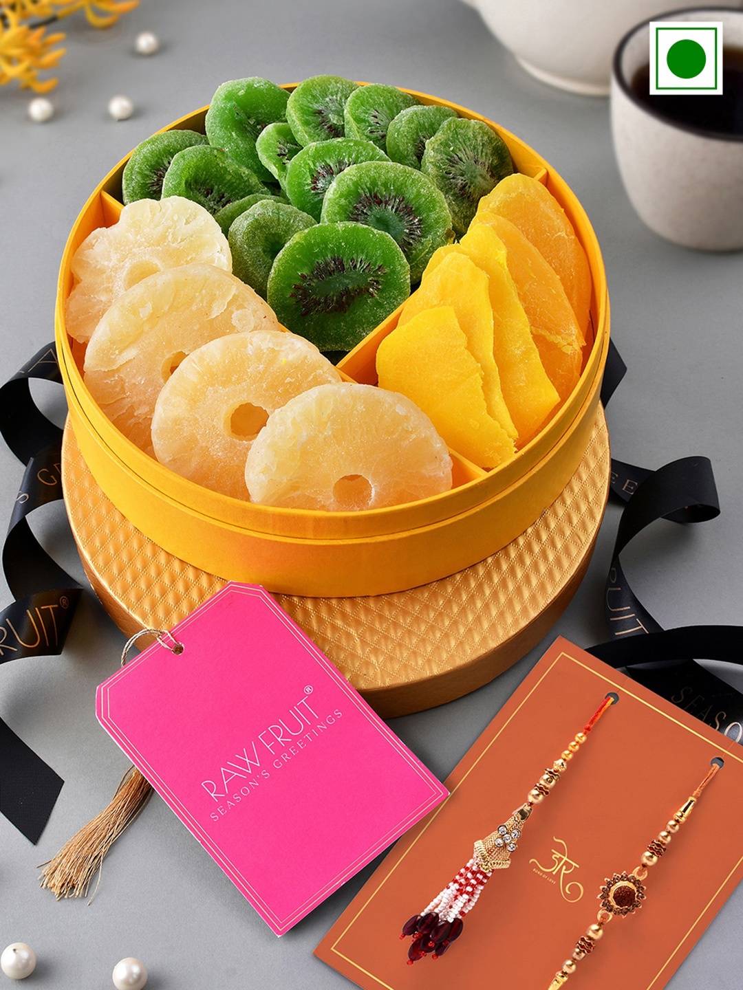 

RawFruit Set Of 2 Bhaiya Bhabhi Rakhi With Dry Fruits Gift Set-600 gms, Red
