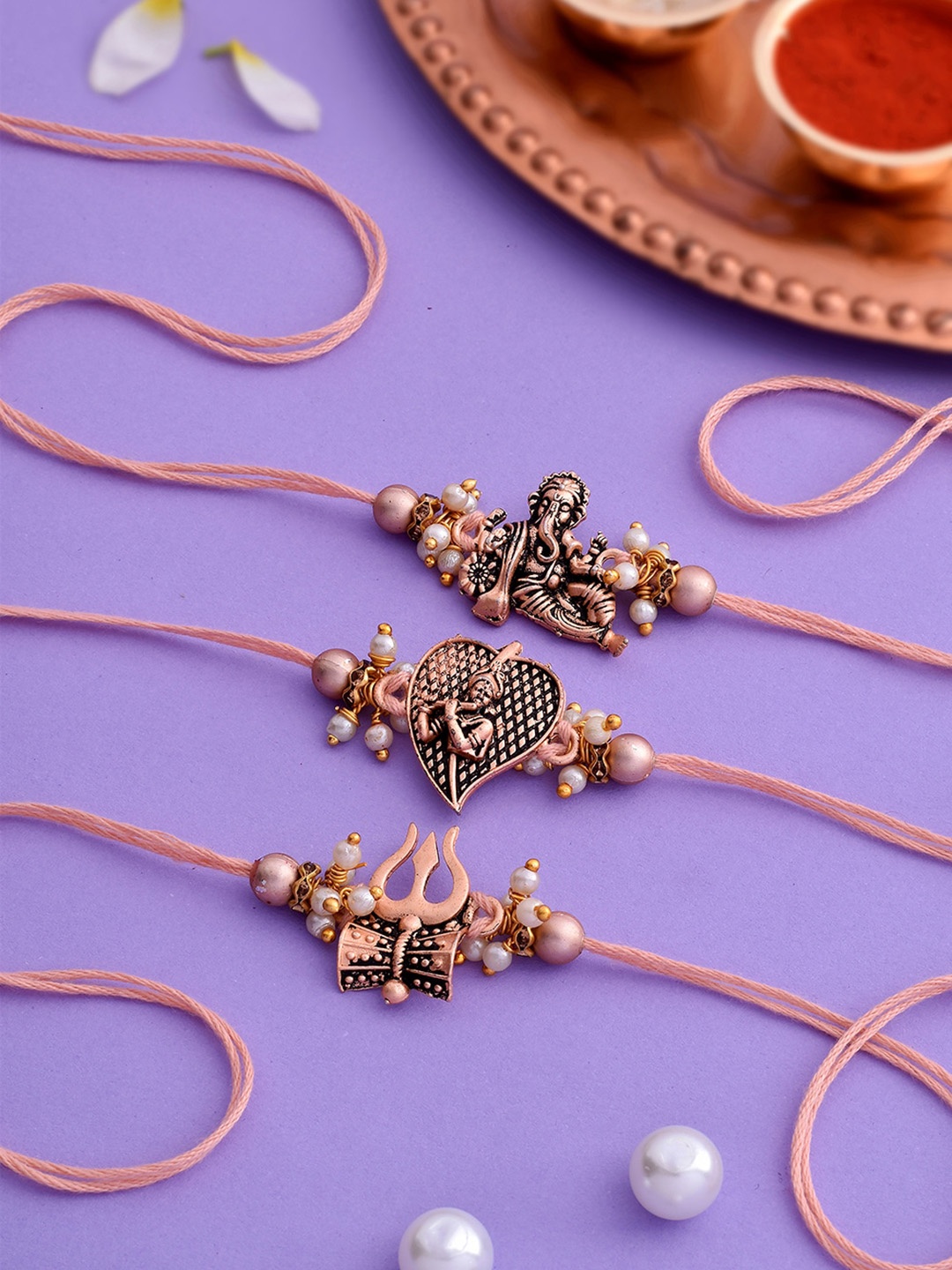

RawFruit Set Of 5 Pearl Beaded Ganesh Charms Rakhi With Premium Dryfruit Box, Peach
