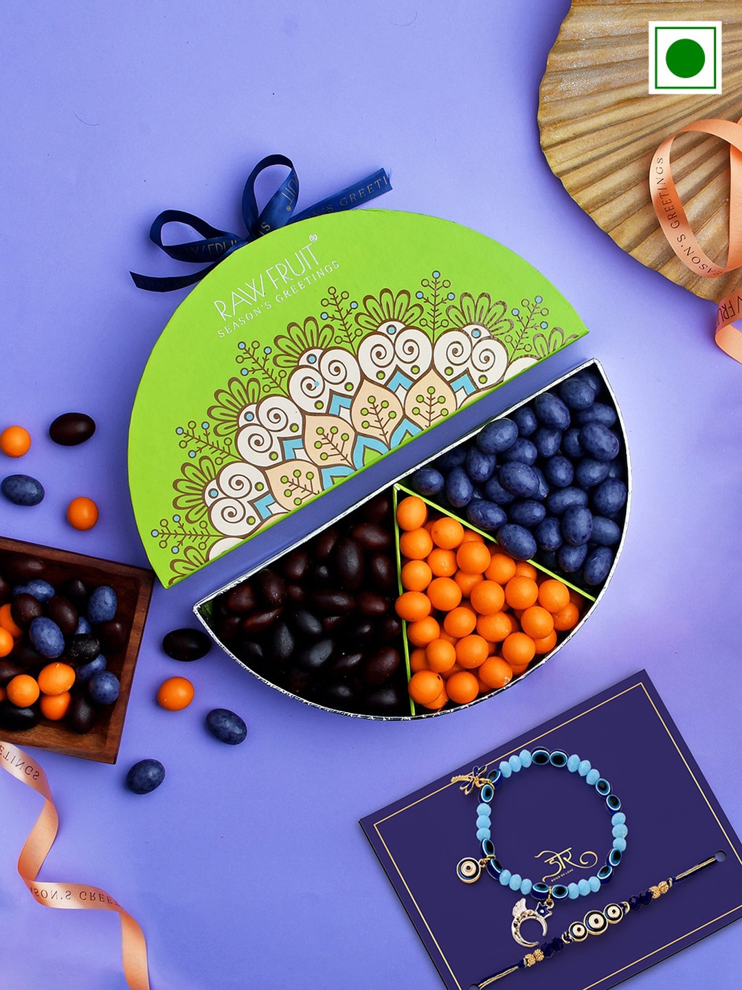 

RawFruit SSet Of 2 Evil Eye Charm Rakhis With Nuts Treasure Pack-100g Each, Blue