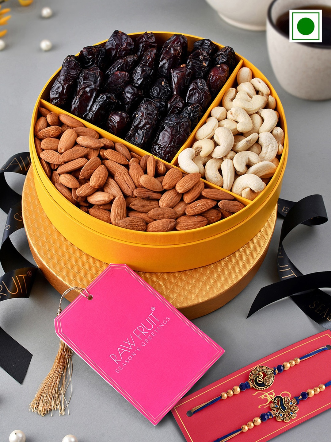 

RawFruit Set Of 2 Beaded Rakhis With Roli Chawal & Blissful Dryfruit Gift Set, Gold