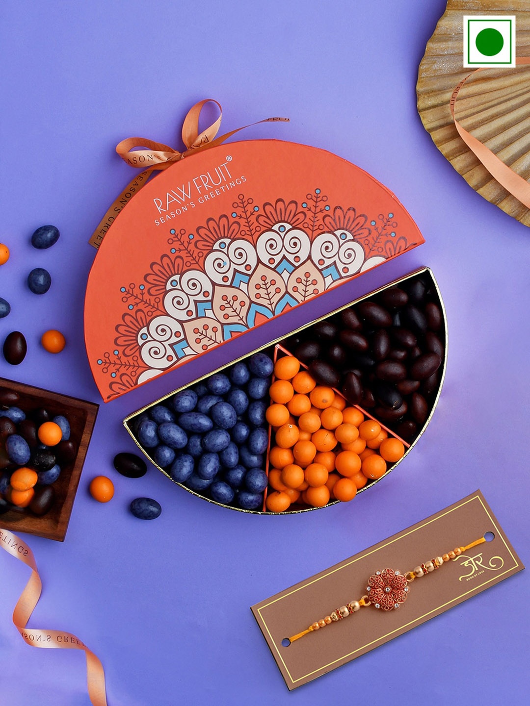 

RawFruit Rudraksh Beaded Charms Rakhi With Gourmet Chocolate Nut Box-100gm Each, Brown