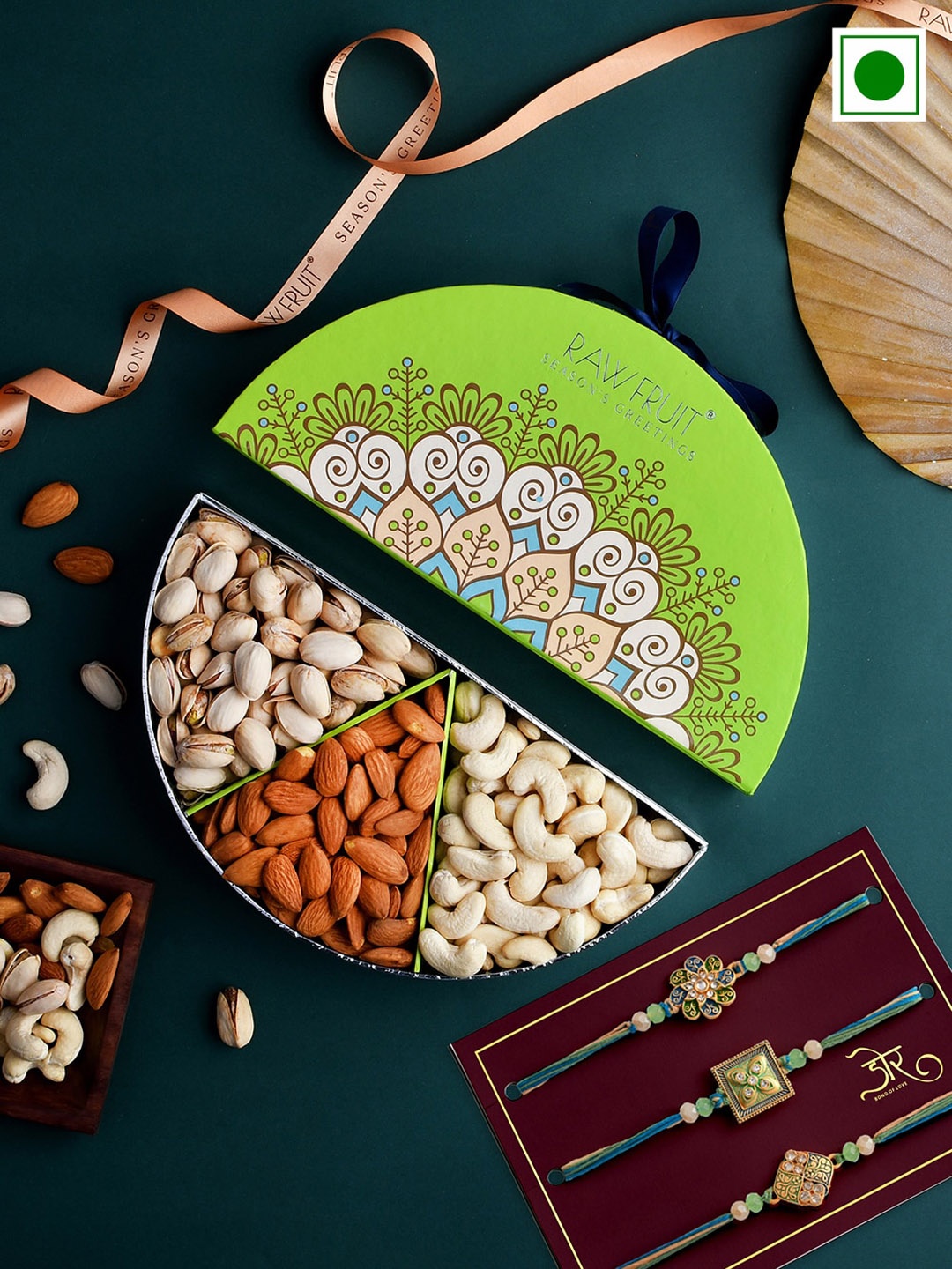 

RawFruit Set Of 3 Stones Studded & Beaded Rakhi With Dry Fruits Pack- 100g Each, Blue