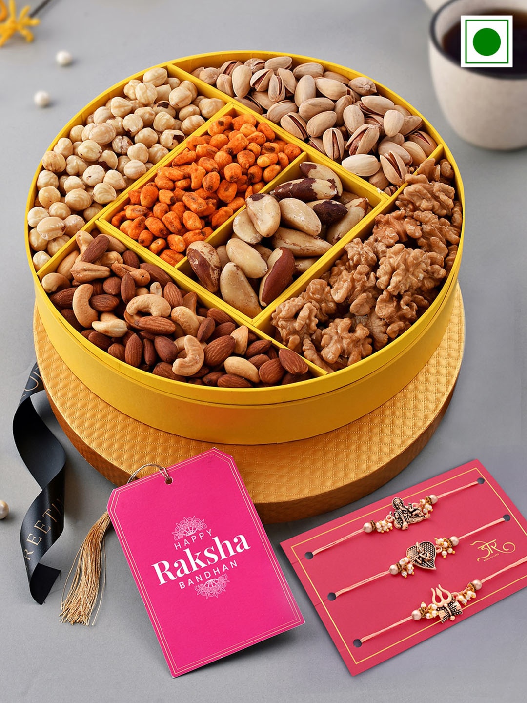 

RawFruit Festive Nutbox Dryfruit Box & Set Of 3 Rakhi Gift Pack, Yellow