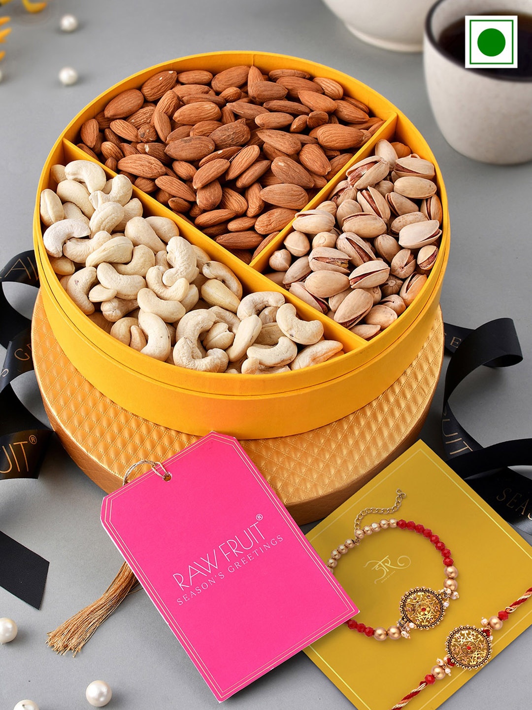 

RawFruit Set Of 2 Studded-Stones & Beaded Rakhi With Festive Nut Delight Pack, Gold