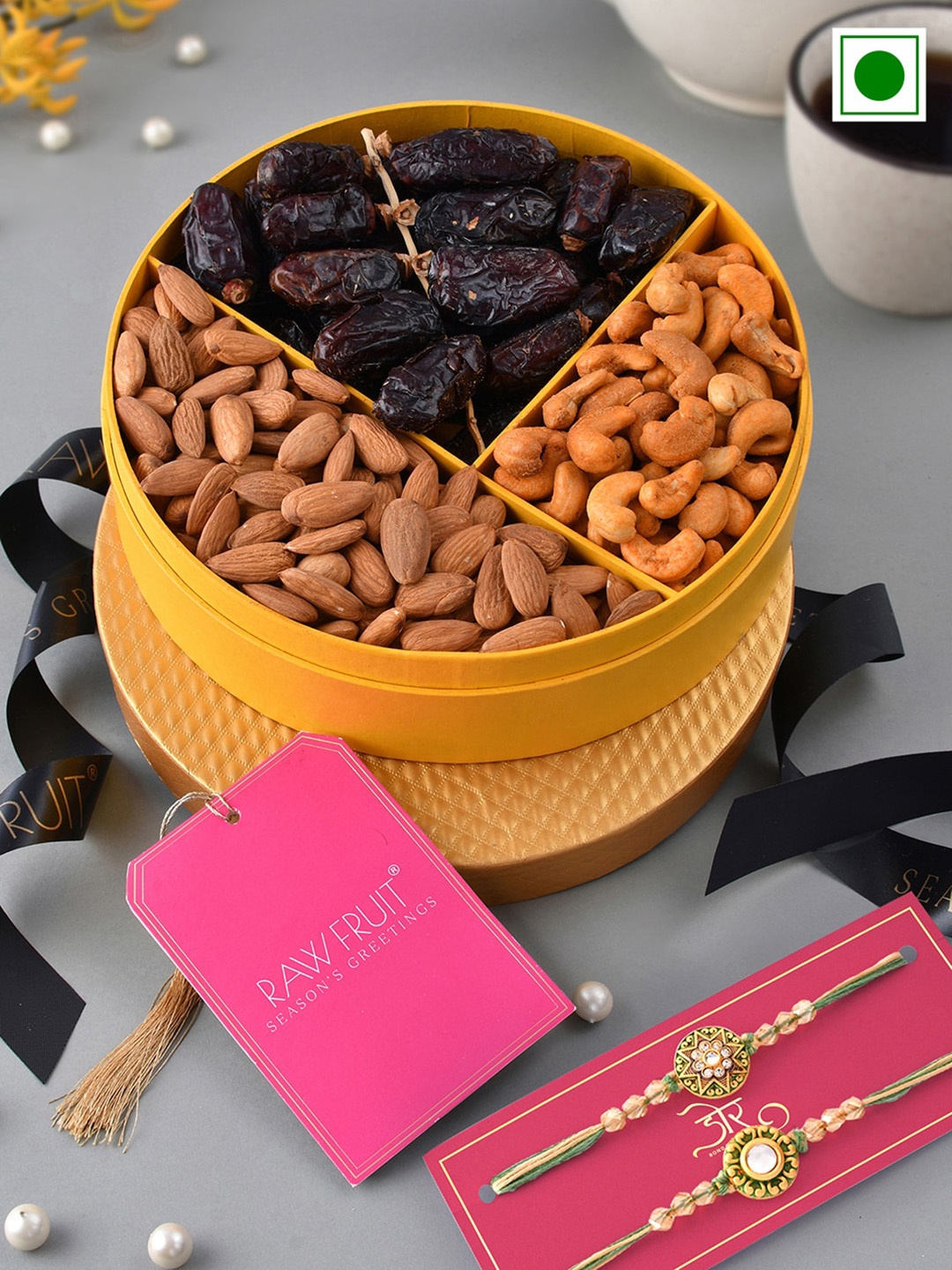 

RawFruit Set Of 2 Rakhis With Roli Chawal & Dryfruits Gift Set, Gold