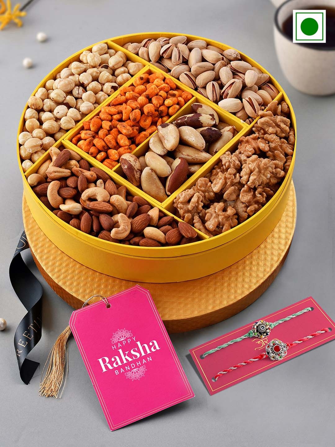 

RawFruit Set Of 2 Studded-Stones & Beaded Rakhi With Festive Nutbox Dryfruit Pack, Silver