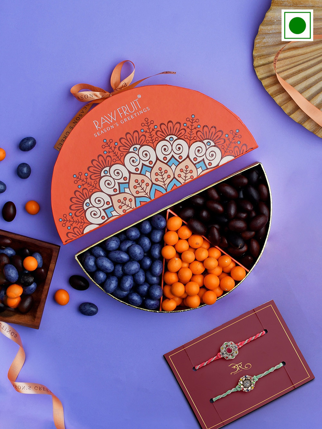 

RawFruit Set Of 2 Studded-Stones Floral With Gourmet Chocolate Nut Pack- 100g Each, Orange