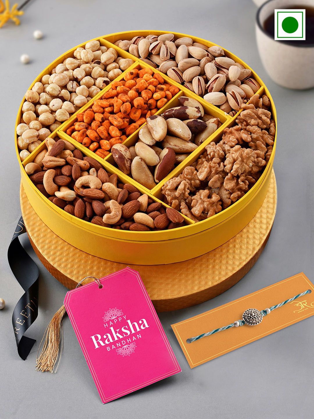 

RawFruit Round Shaped Beaded Rakhi With Festive Nutbox Dryfruit Gift Pack, Silver