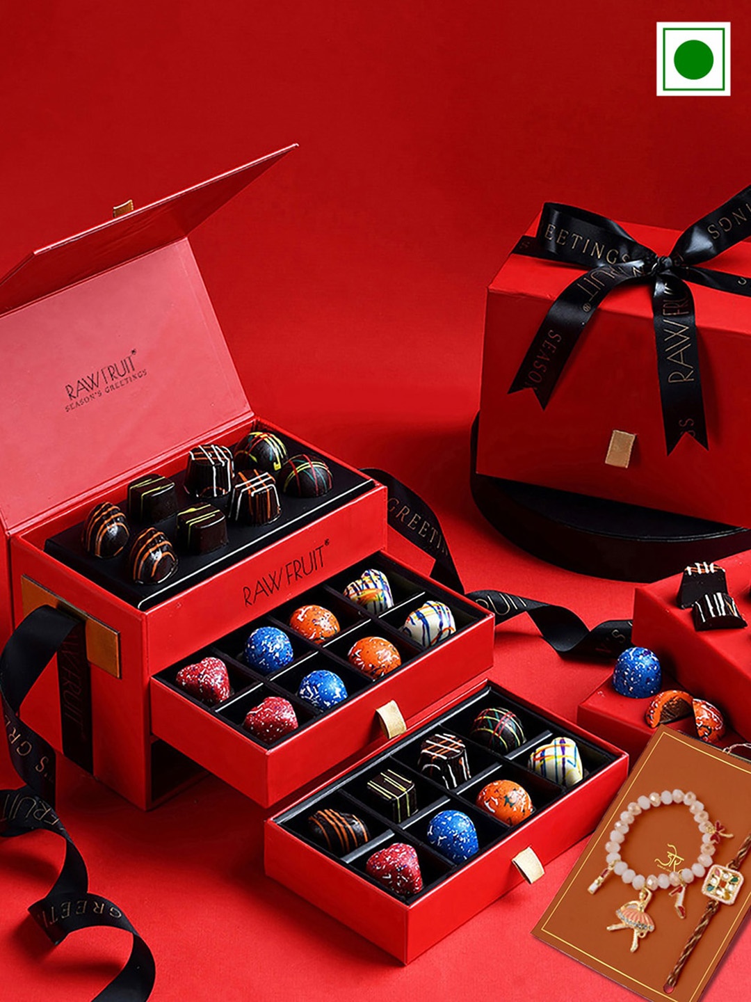 

RawFruit Set Of 2 Studded Rakhi With Chocolate Box Gift Set, Cream