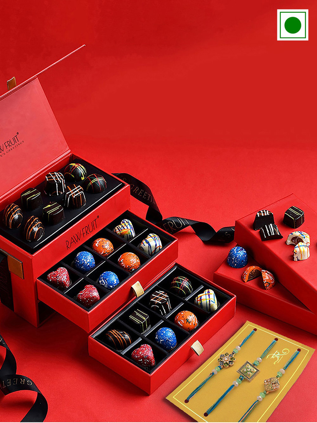 

RawFruit Set Of 3 Rakhi With Premium Chocolate Box set, Red