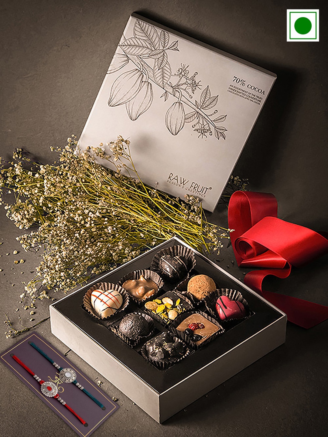 

RawFruit Set Of 2 Rakhi With Chocolate Box Gift Set, Red