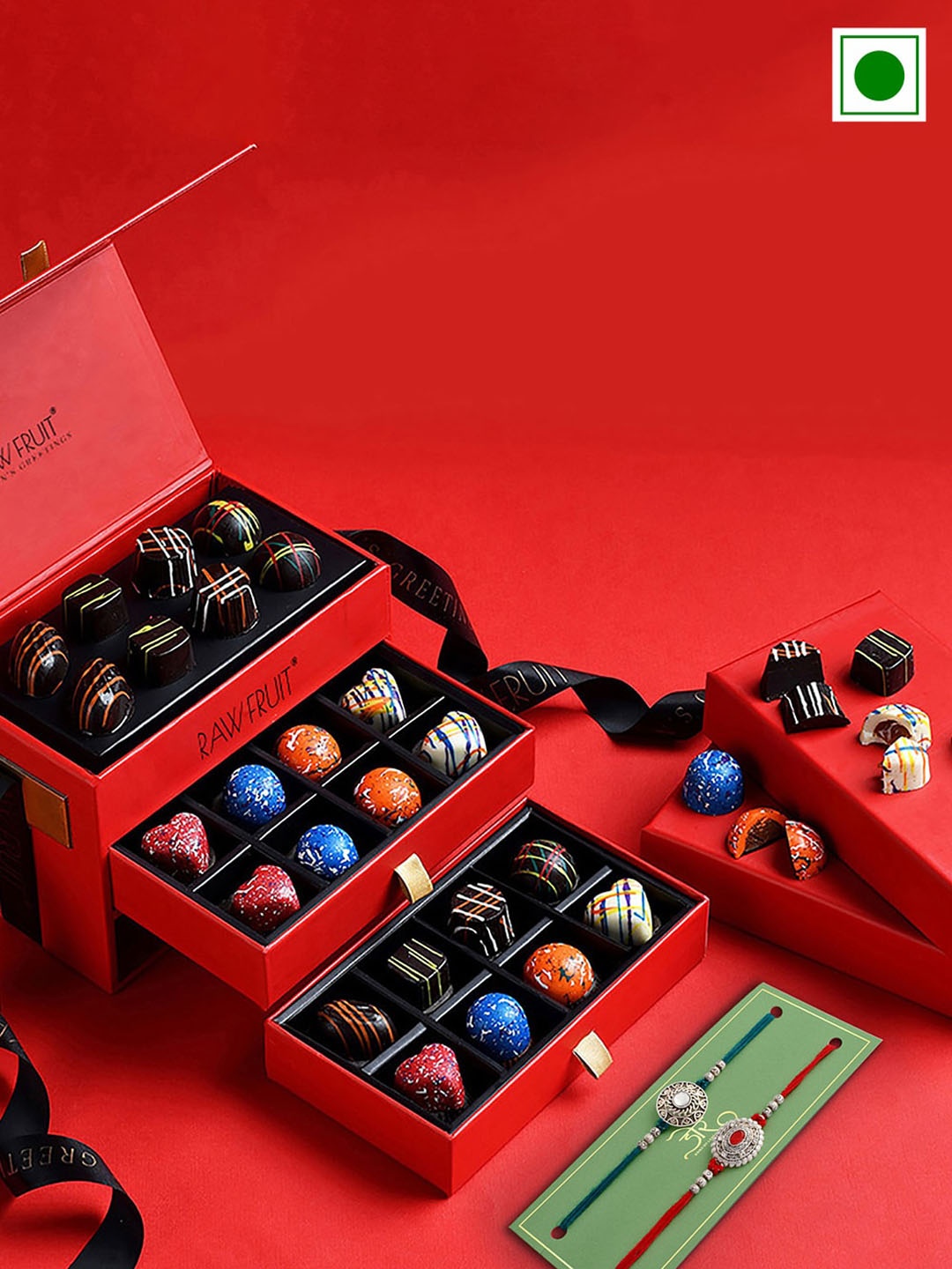 

RawFruit Set Of 2 Studded Rakhi With Chocolate Box Gift Set, Red