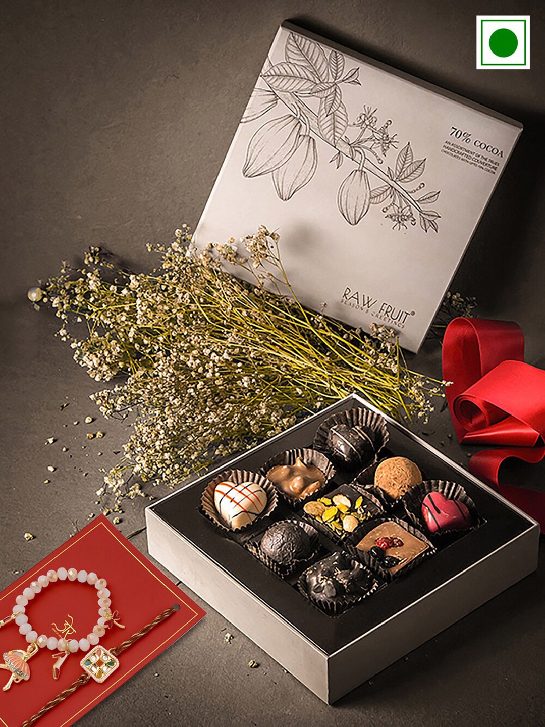 

RawFruit Set Of 2 Rakhi With Chocolate Box Gift Set, Cream