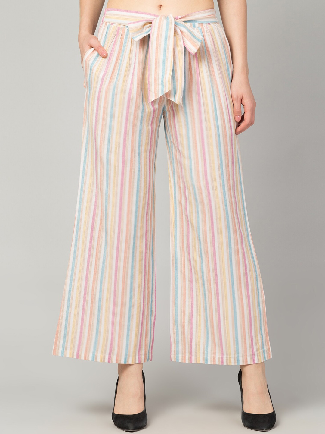 

Zuvino Women Striped Smart Easy Wash Cotton Parallel Trousers, Off white
