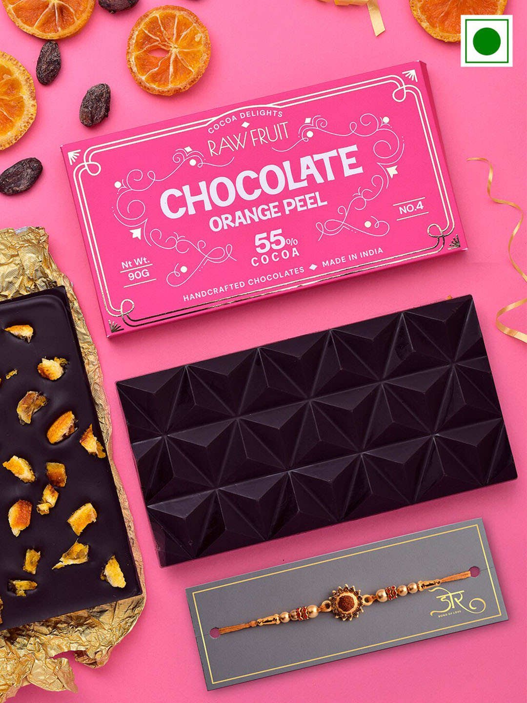 

RawFruit Rudraksh Rakhi With Orange Peel Chocolate Bar - 90g, Pink