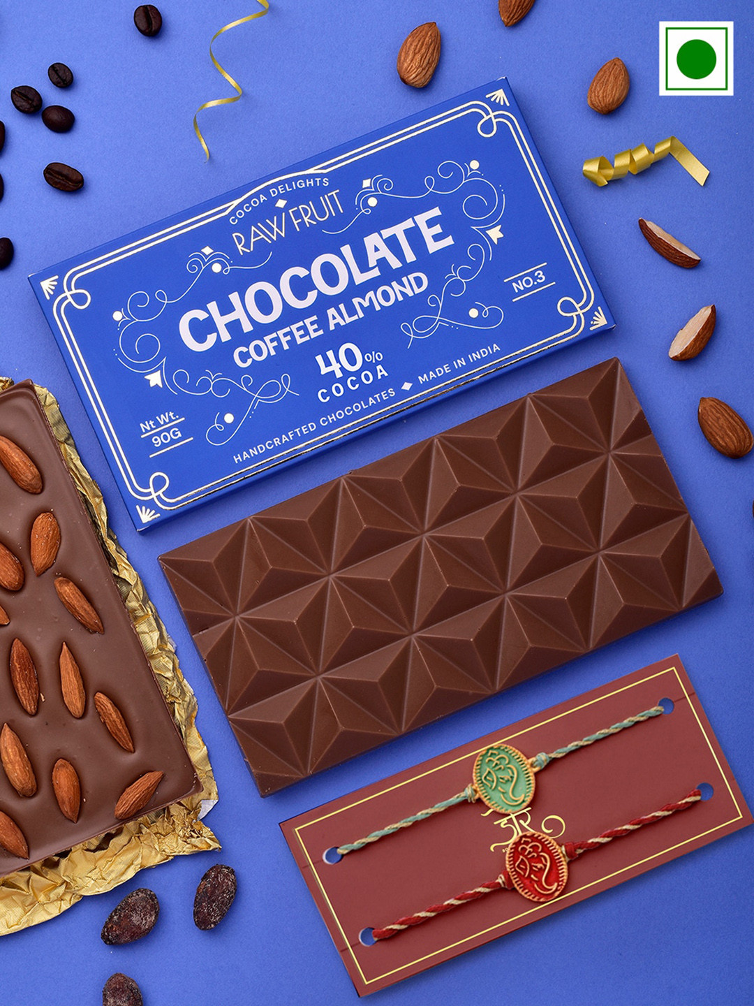 

RawFruit Set of 2 Ganesh Rakhi With Coffee Almond Chocolate Bar Gift Set-90gms, Blue
