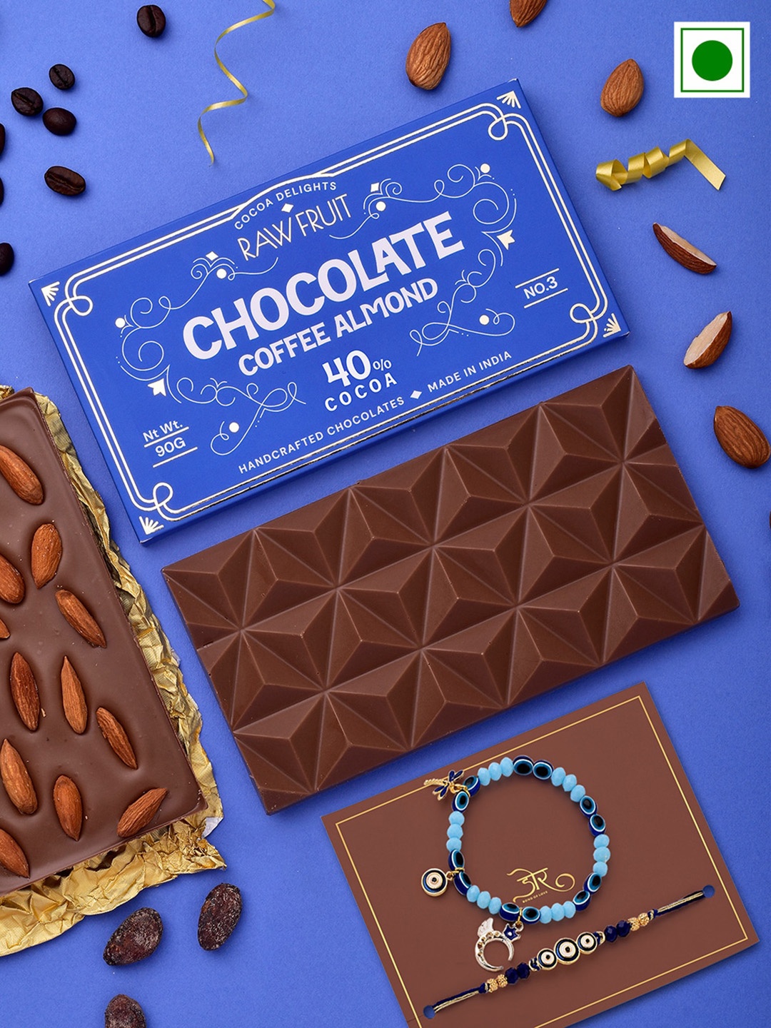 

RawFruit Set Of 2 Evil Eye Beaded Rakhi With Coffee Almond Chocolate Bar Gift Set-90gms, Blue