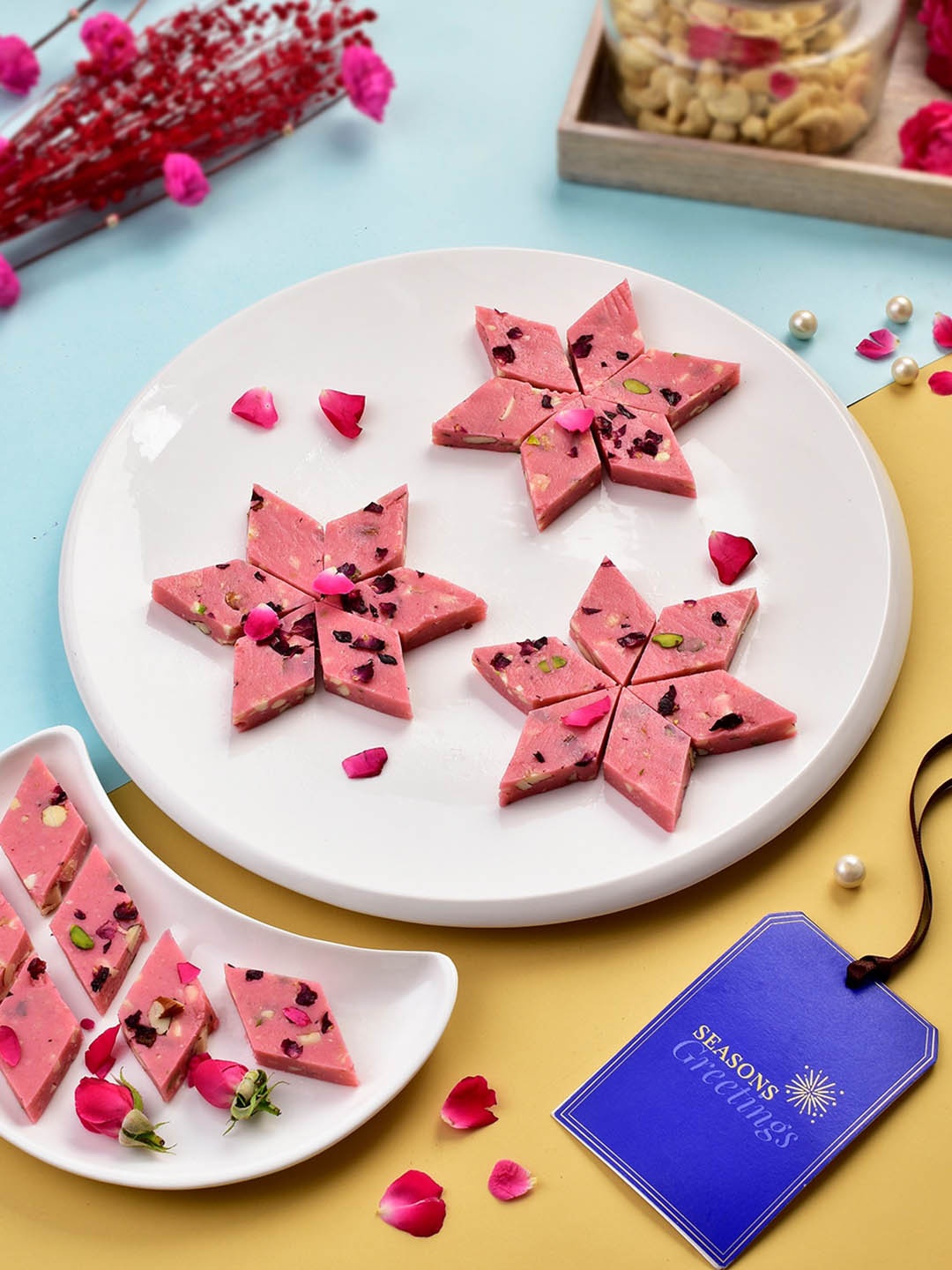 

RawFruit Set Of 2 Bhai Bhabhi Beaded Rakhi With Rose Katli Sweet- 200 gms, Gold