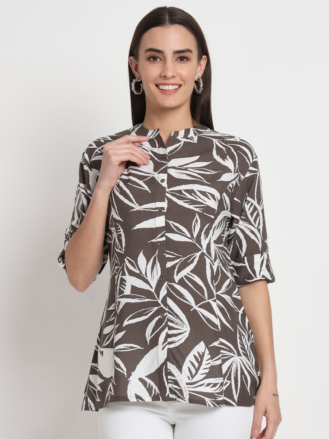 

Kannan Floral Printed Mandarin Collar Tunic, Grey