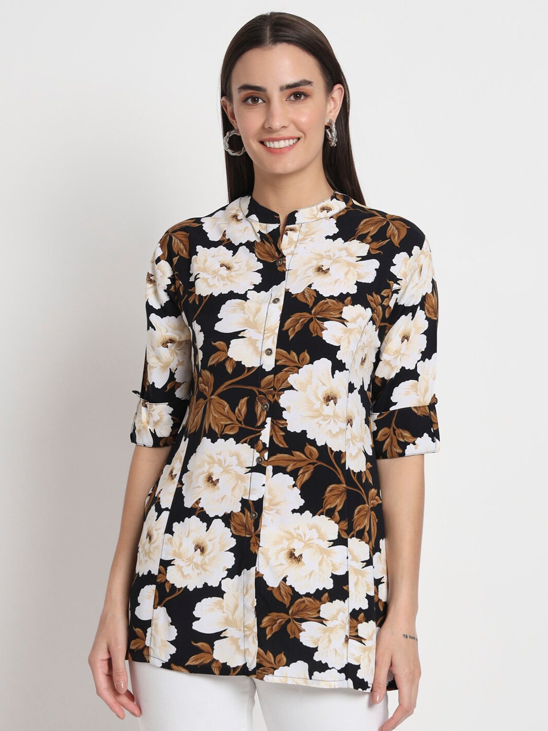

Kannan Floral Printed Mandarin Collar Tunic, Black
