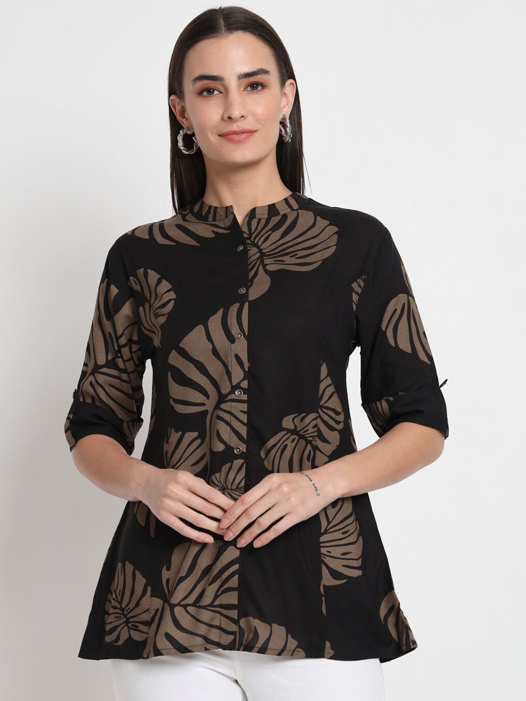 

Kannan Tropical Printed Mandarin Collar Shirt Style Top, Black