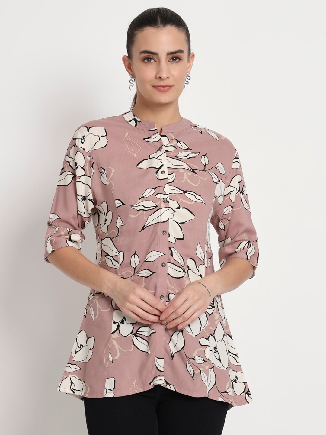 

Kannan Floral Printed Mandarin Collar Shirt Style Top, Mauve