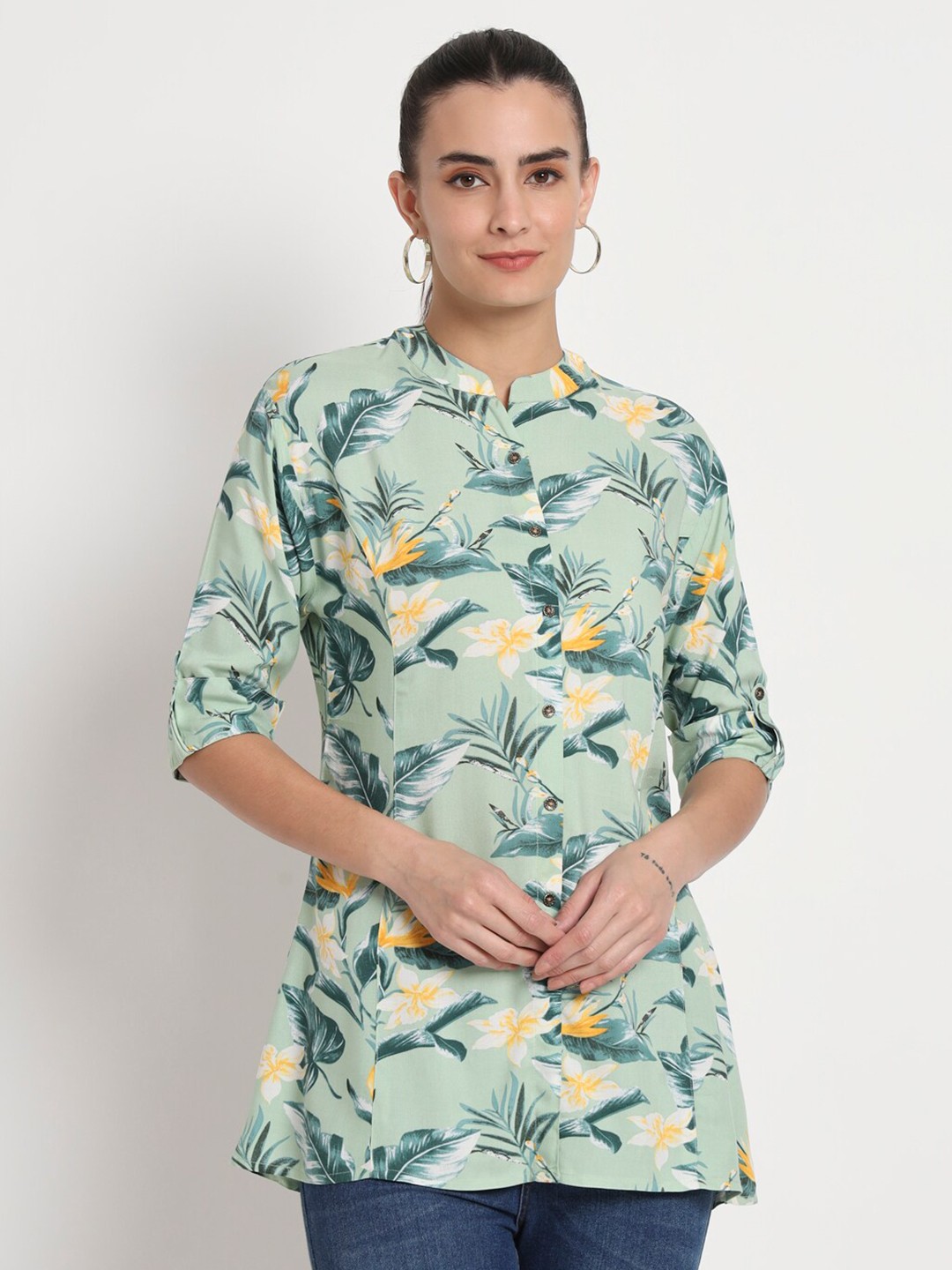 

Kannan Floral Printed Mandarin Collar Shirt Style Top, Green