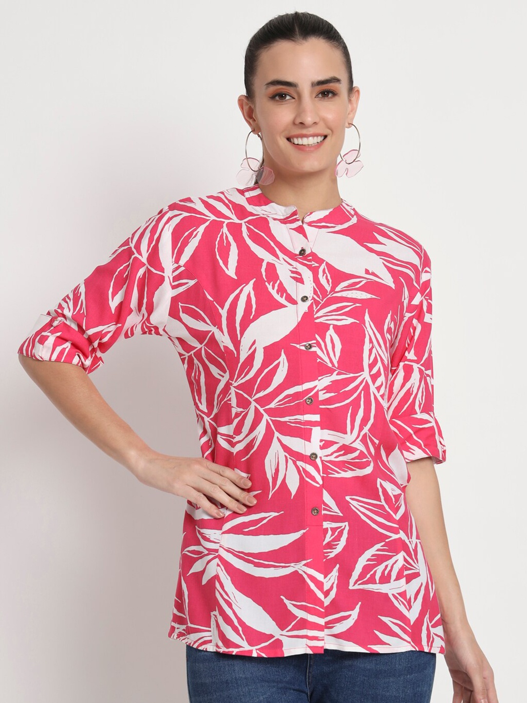 

Kannan Floral Printed Mandarin Collar Shirt Style Top, Pink