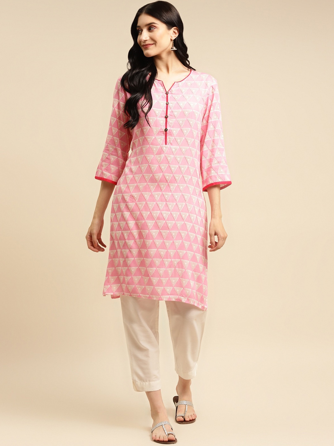 

Rangita Ethnic Motifs Printed Round Neck Straight Kurta, Pink