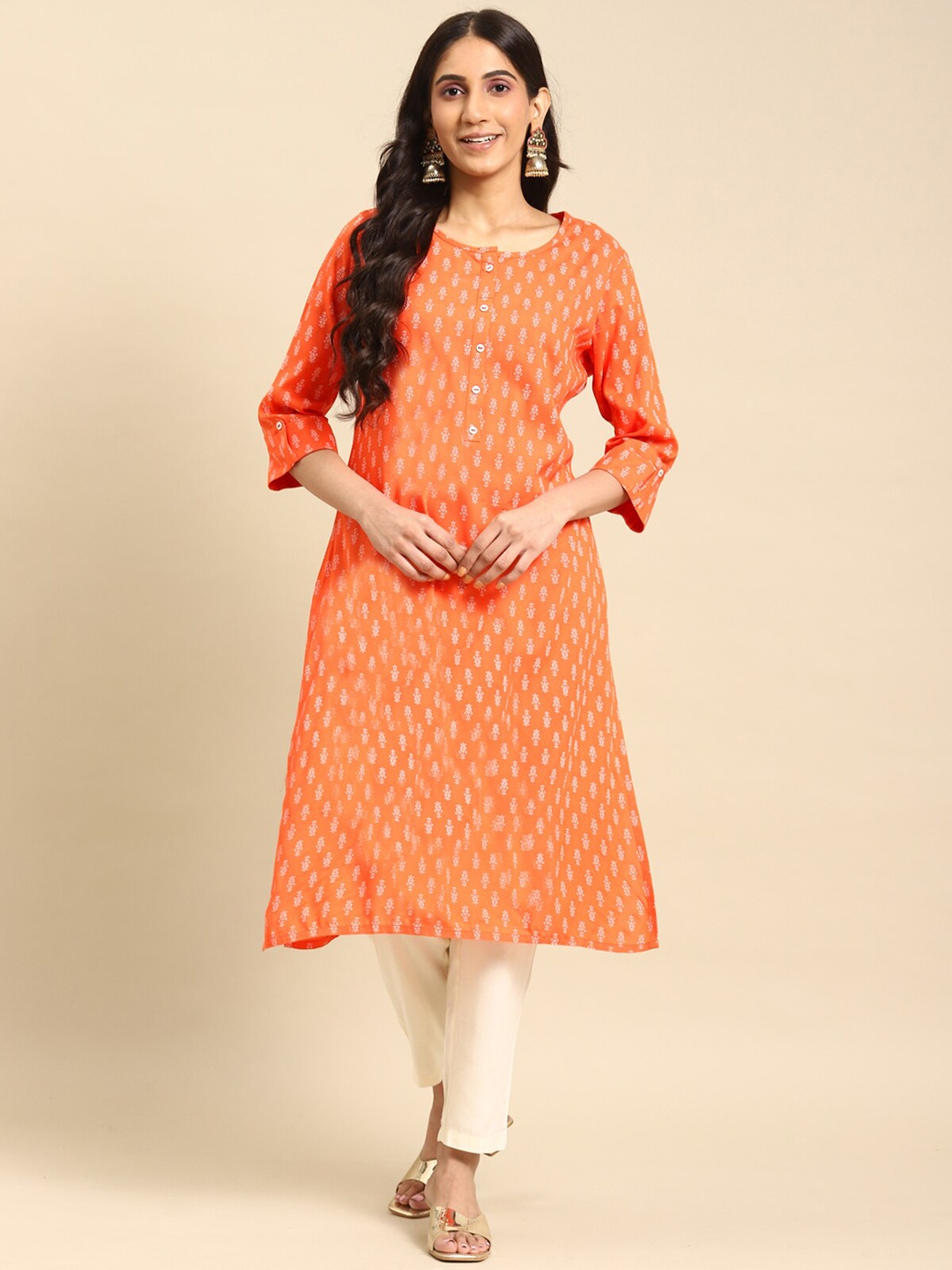 

Rangita Ethnic Motifs Printed Round Neck Straight Kurta, Orange