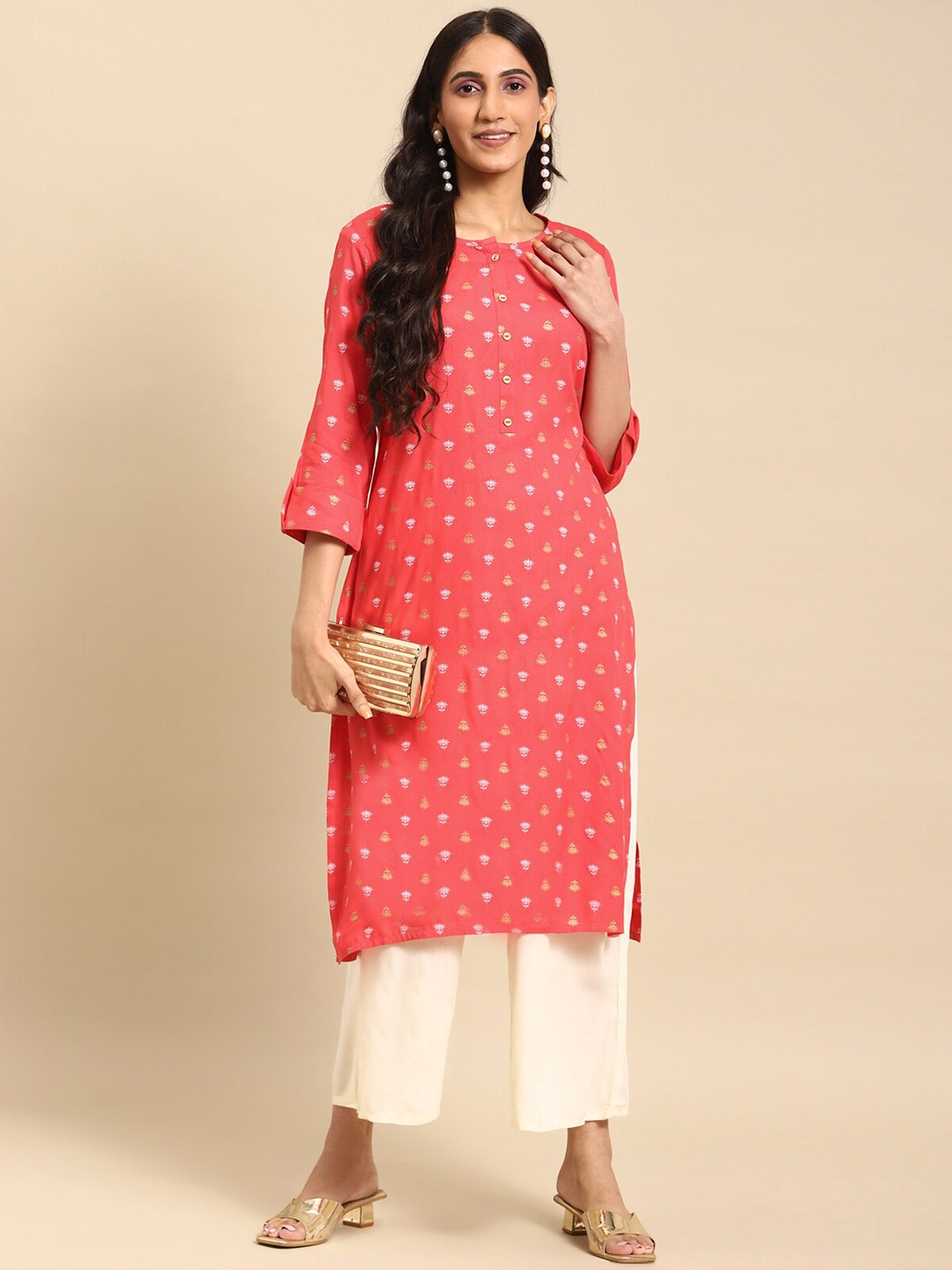 

Rangita Ethnic Motifs Printed Round Neck Straight Kurta, Pink