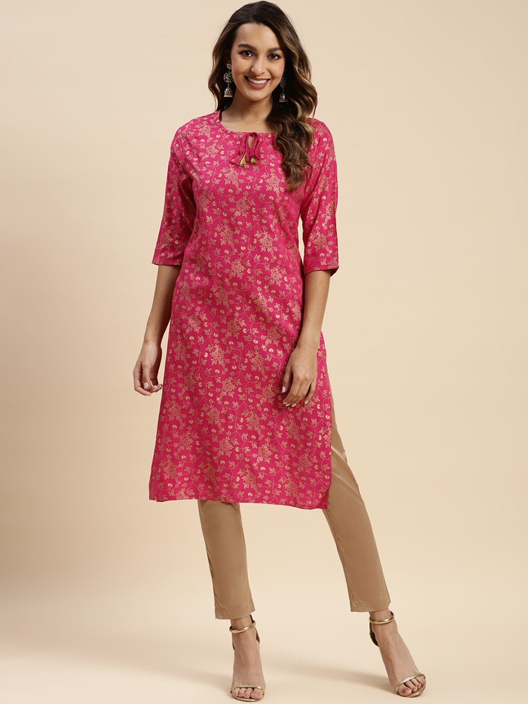 

Rangita Ethnic Motifs Printed Tie-up Neck Straight Kurta, Pink