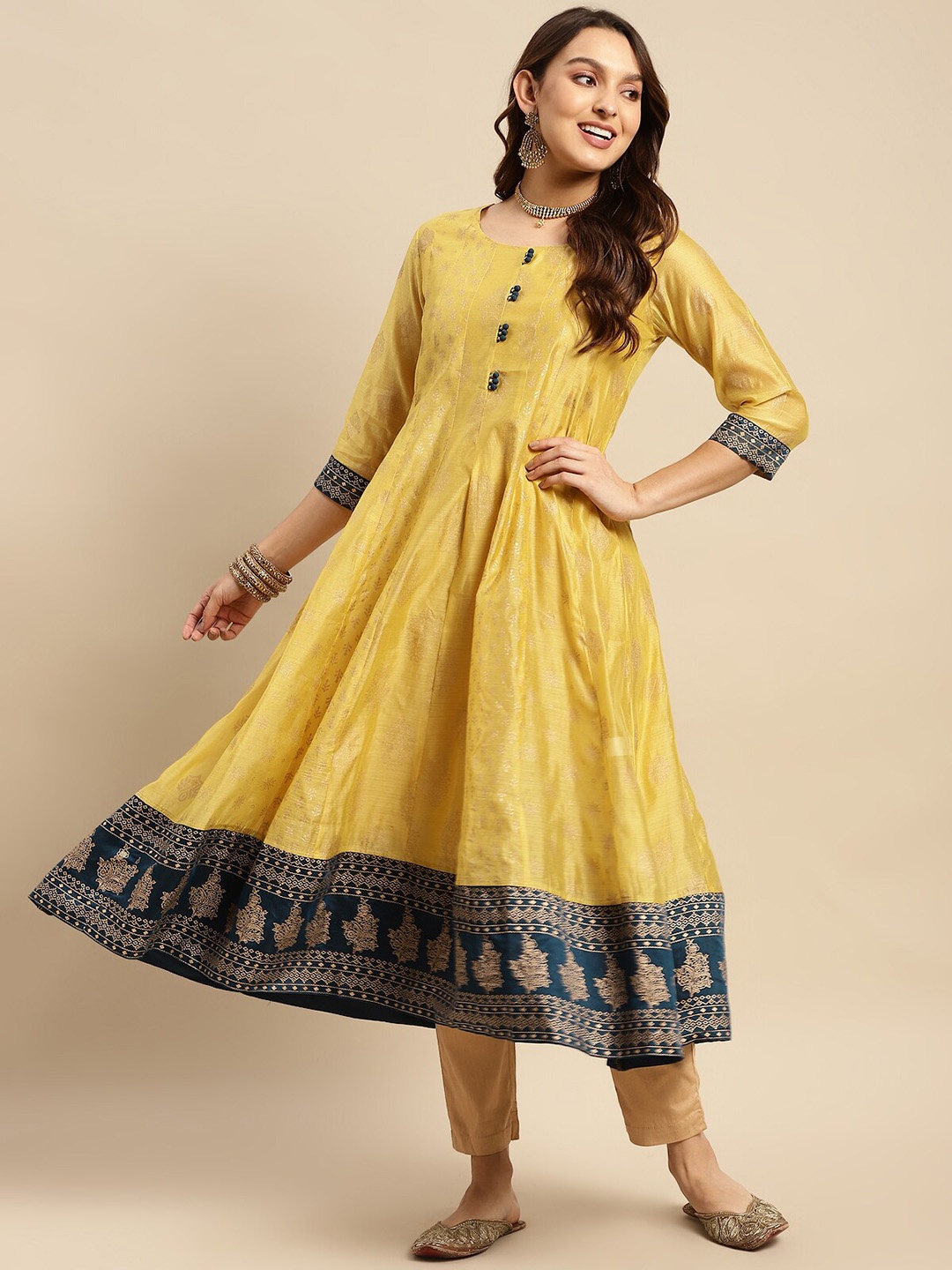 Rangita Ethnic Motifs Printed Chanderi Silk Anarkali Kurta, Yellow