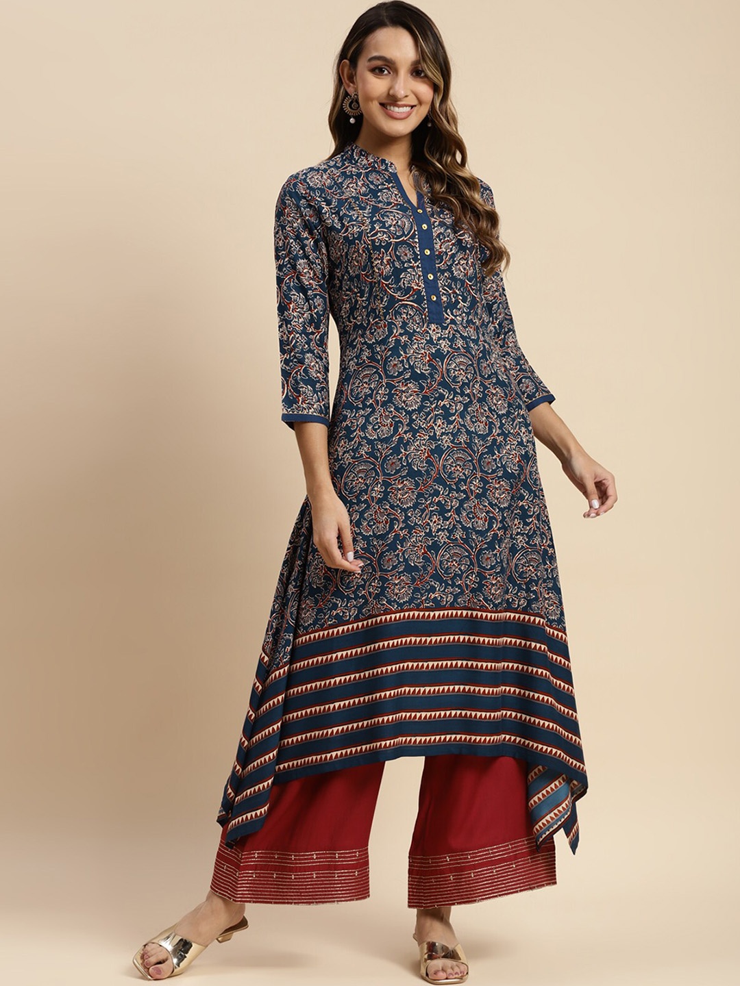 

Rangita Ethnic Motifs Printed Gotta Patti A-Line Kurta, Navy blue