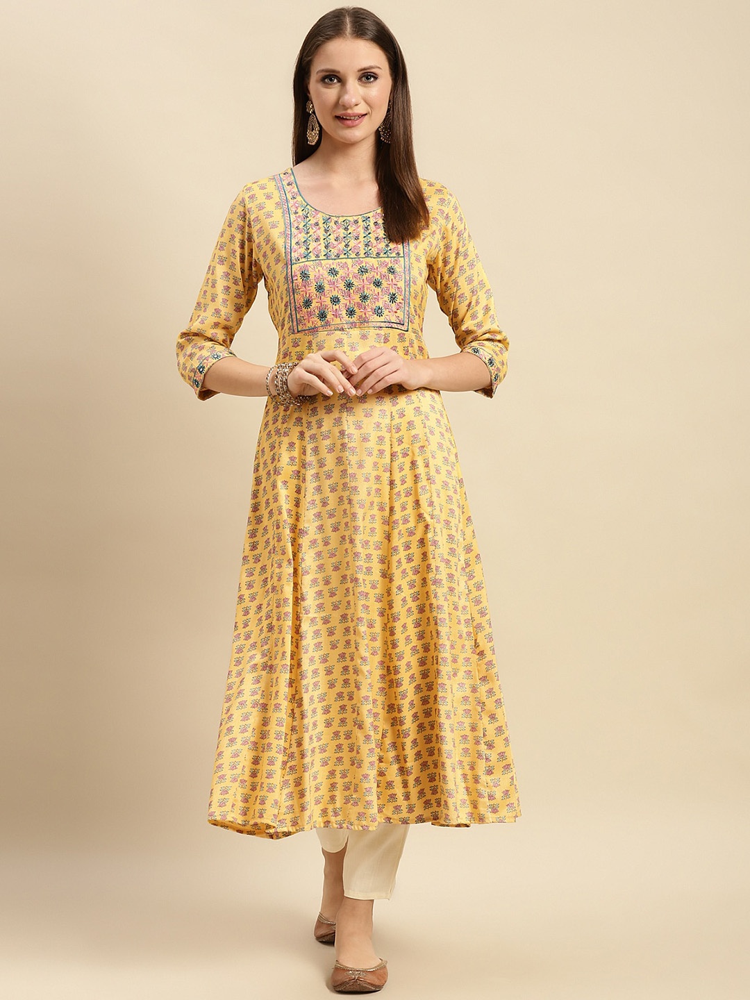 

Rangita Ethnic Motifs Printed Thread Work Anarkali Kurta, Yellow