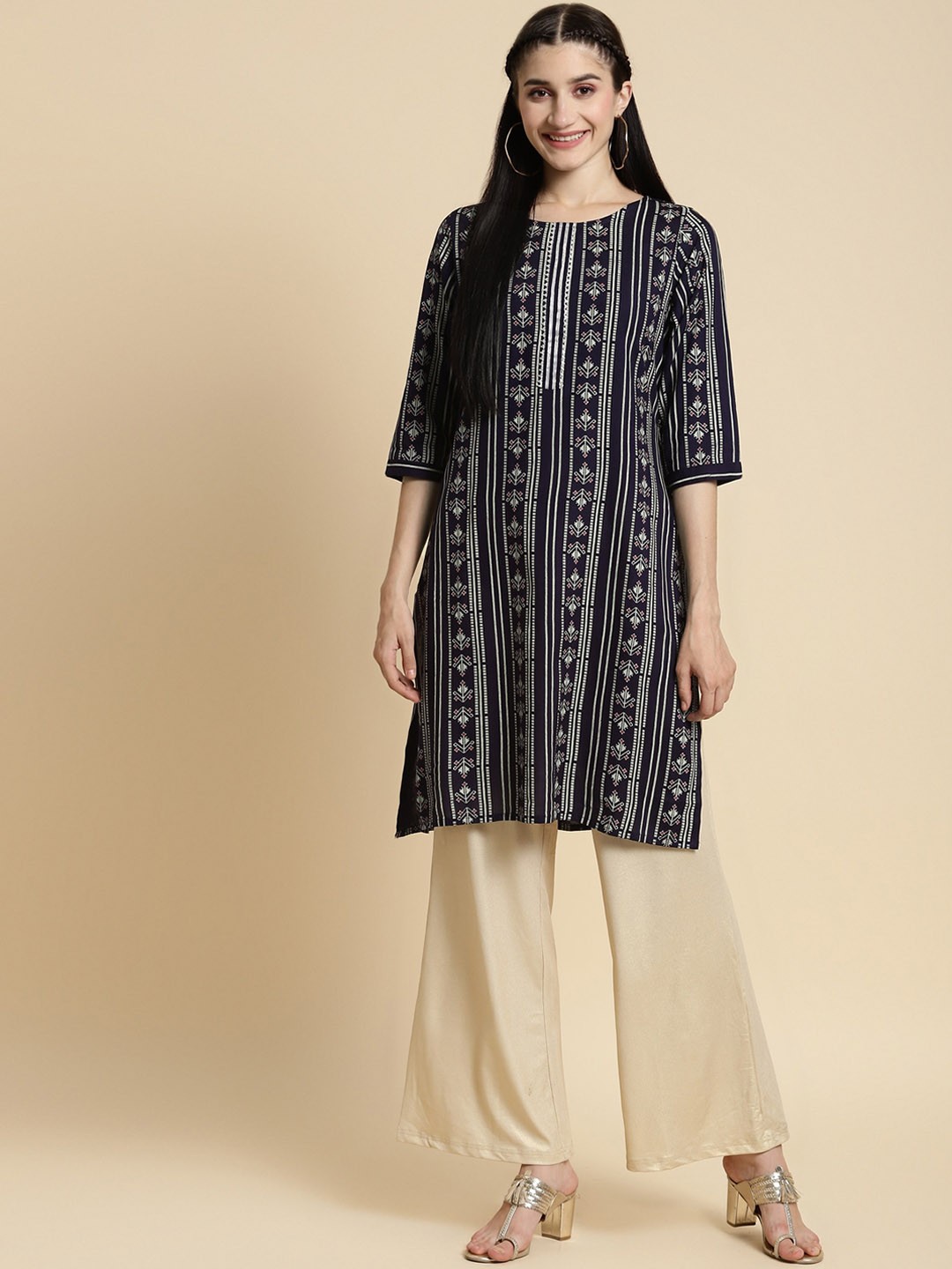

Rangita Ethnic Motifs Printed Gotta Patti Kurta, Navy blue