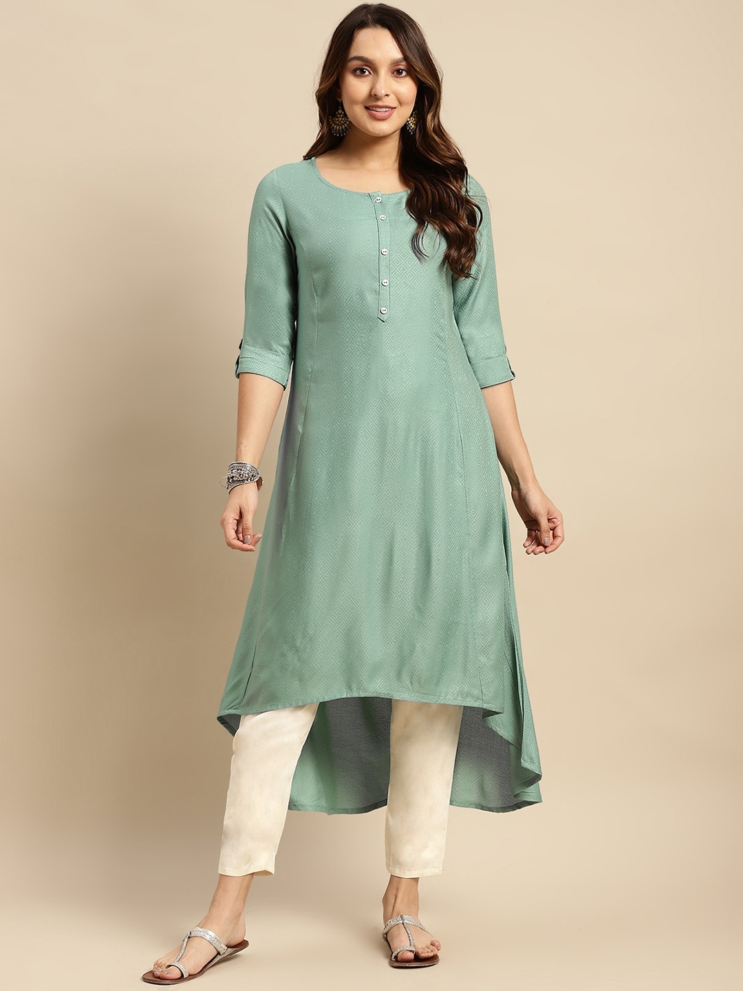 

Rangita Ethnic Motifs Woven Design Roll-up Sleeves Kurta, Green