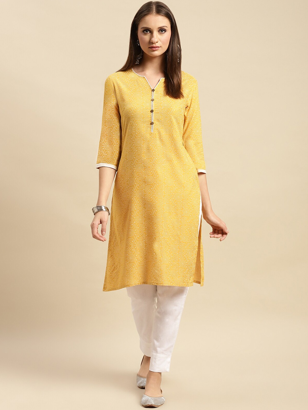 

Rangita Ethnic Motifs Printed Straight Kurta, Mustard